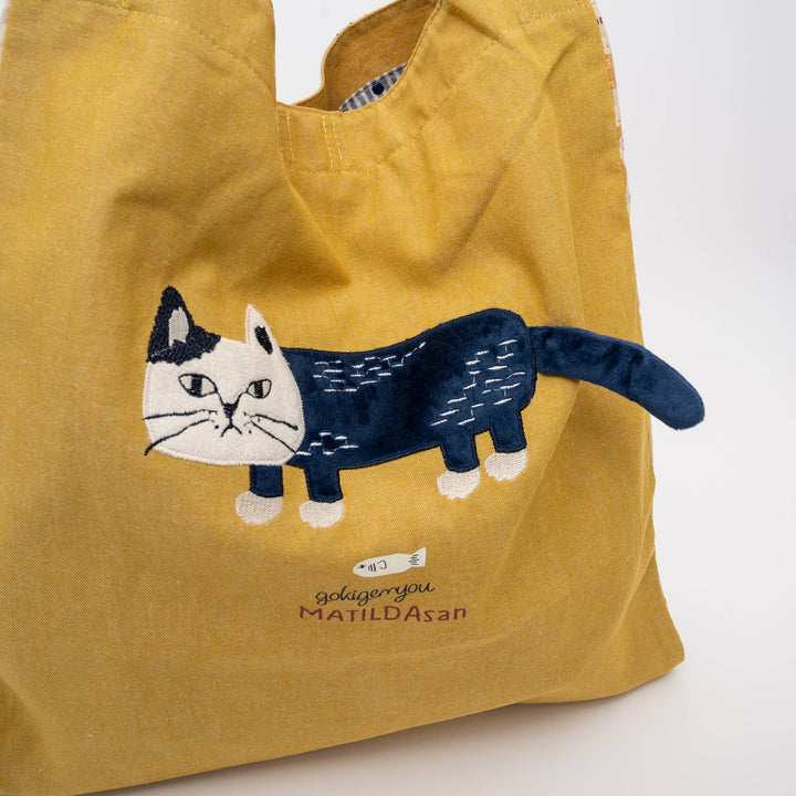 Cats Embroidered Canvas Tote Bag -Yellow