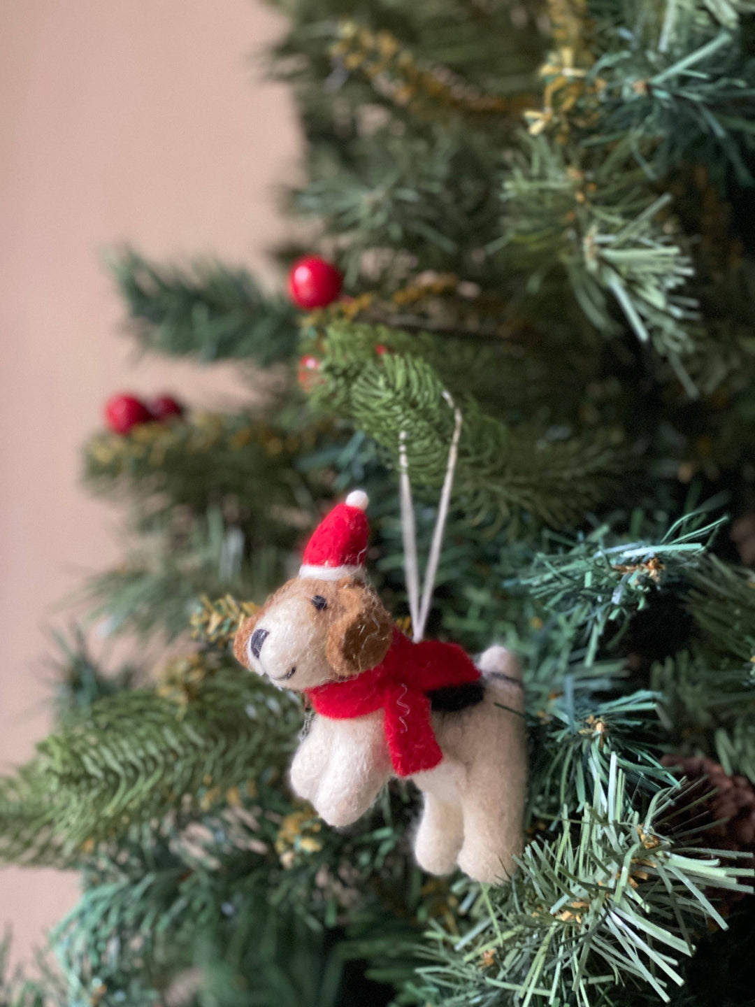 Jack Russell with Christmas Hat Felt Ornament