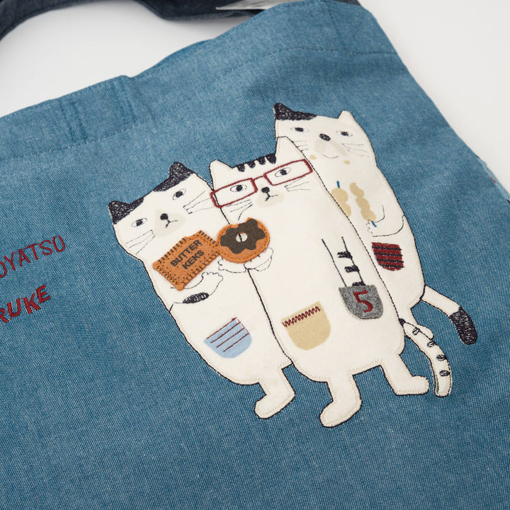 Three Cats Embroidered Canvas Tote Bag