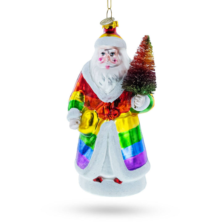 Pride-Inspired Rainbow Santa Glass Ornament