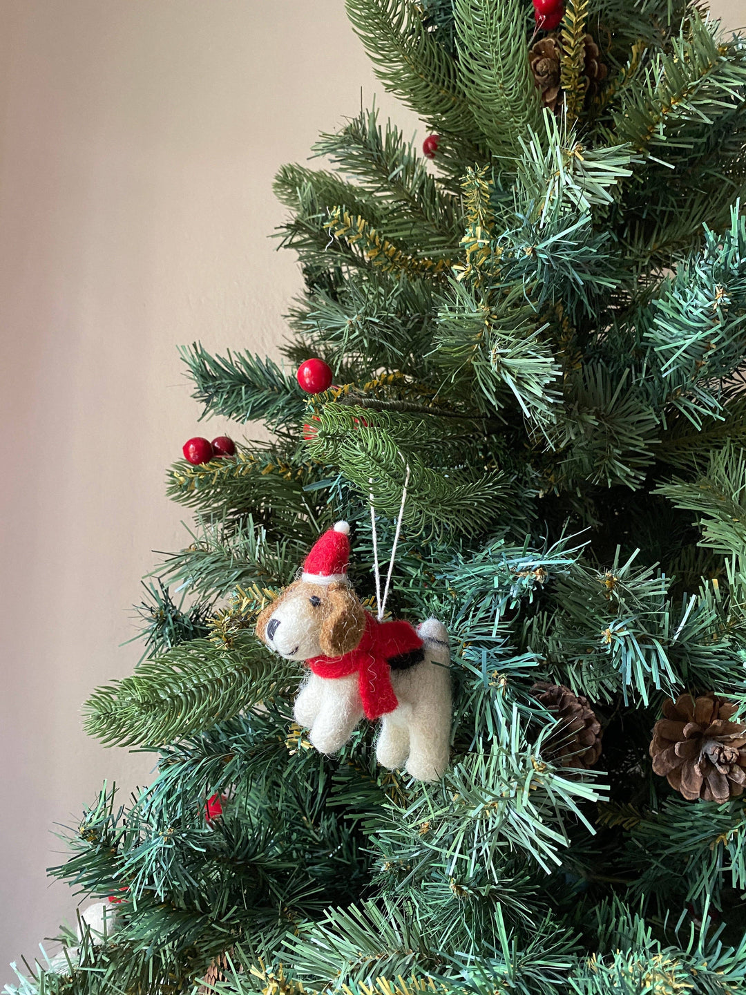 Jack Russell with Christmas Hat Felt Ornament