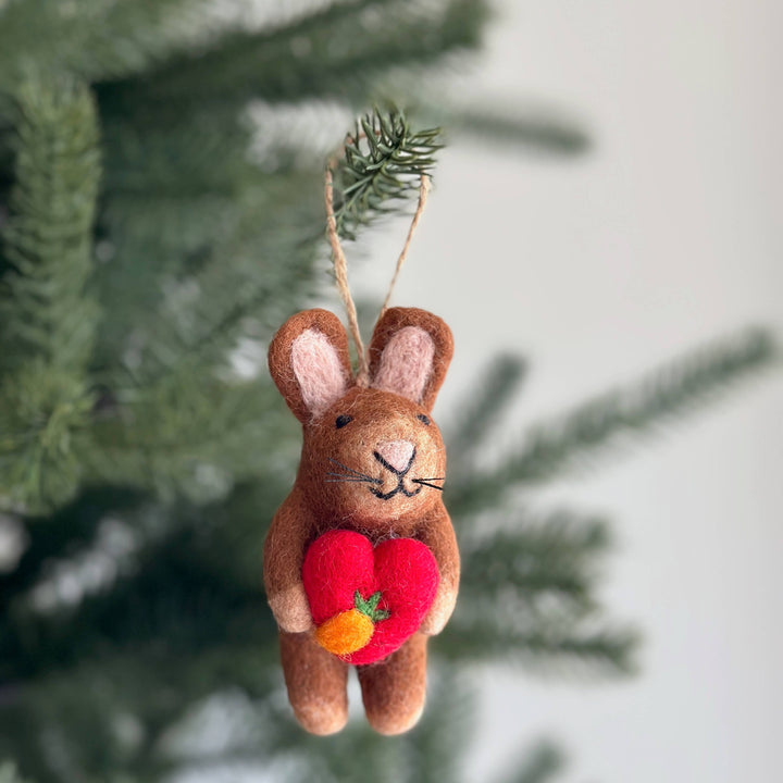 Brown Bunny Holding A Heart Felt Ornament
