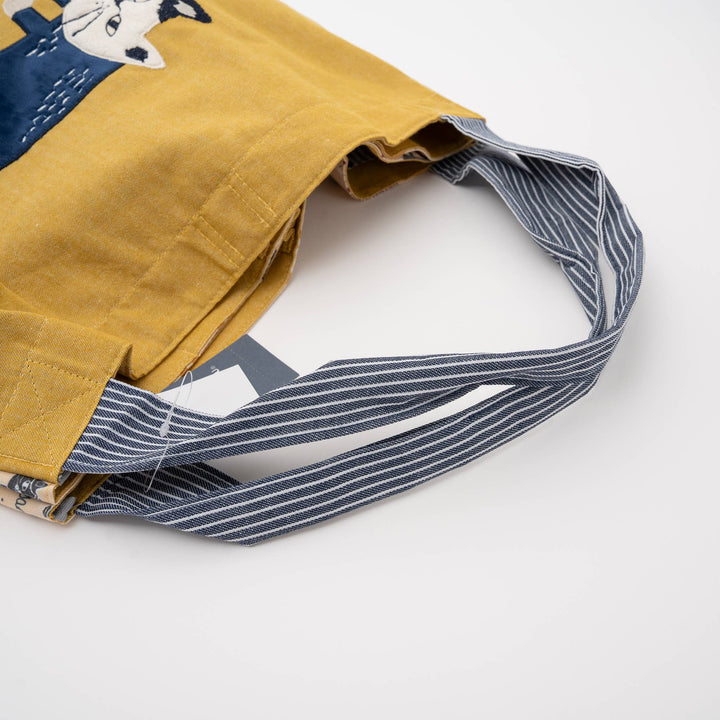 Cats Embroidered Canvas Tote Bag -Yellow