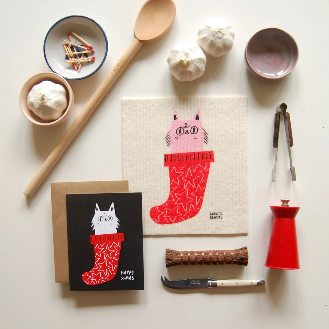 X-mas Stocking Kitty Swedish Sponge Cloth